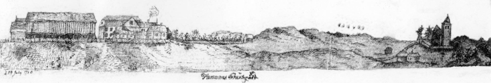 Tanums prästgård och kyrka år 1780, etsning av J N Brunius.