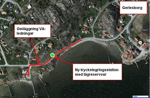 Karta över Gerlesborg där tryckstegringsstationen är utmärkt.
